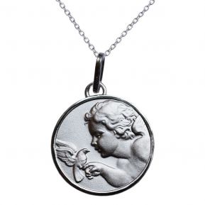 Médaille ange à la colombe en argent massif gravée