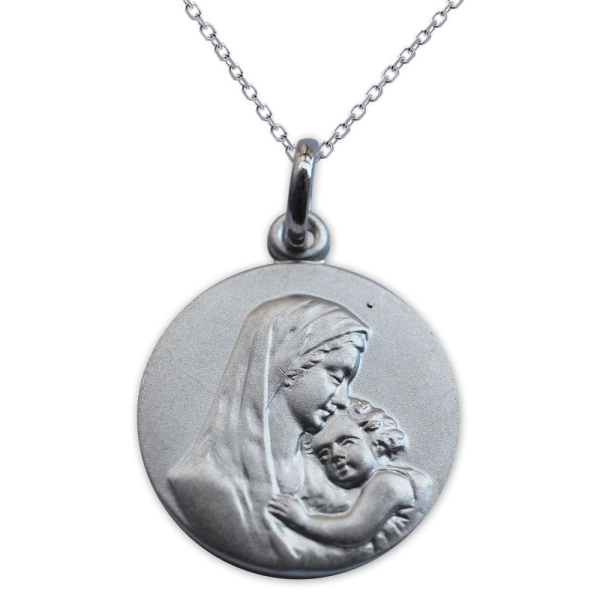 Médaille gravée argent massif vierge et l'enfant