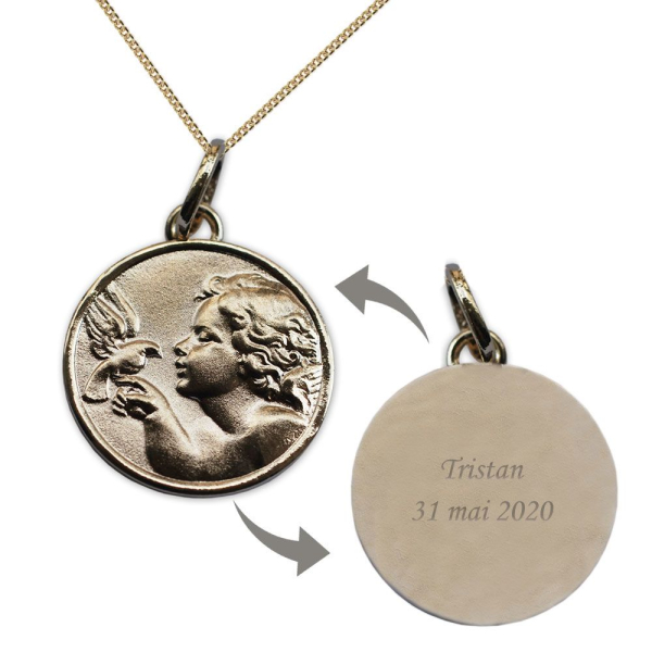 Médaille ange à la colombe en plaqué or personnalisé