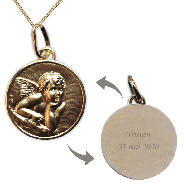 Médaille de baptême Ange Raphaël en plaqué or gravé