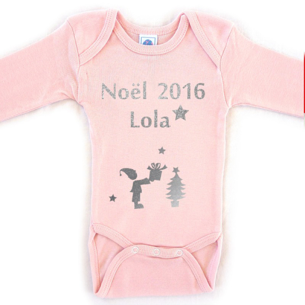 Body personnalisé Noël prénom rose