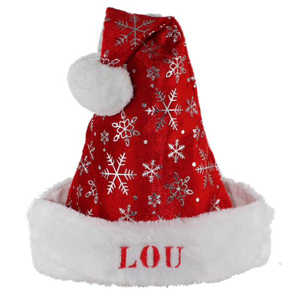 Bonnet de noël rouge et neige brodé avec prénom