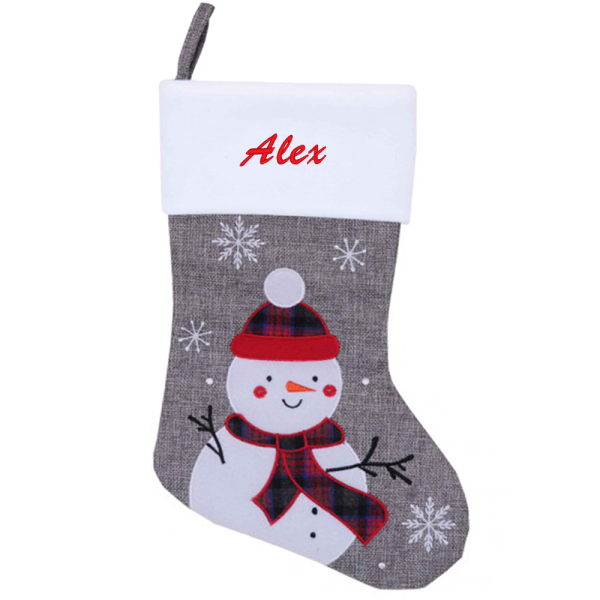 Chaussette de Noël Bonhomme de Neige en effet lin grise personnalisée 