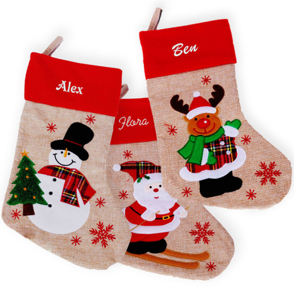 Chaussettes de Noël beige effet lin personnalisées avec prénoms