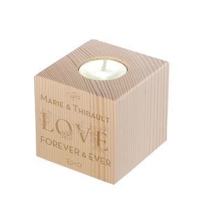 Bougeoir cube en bois gravé Amour