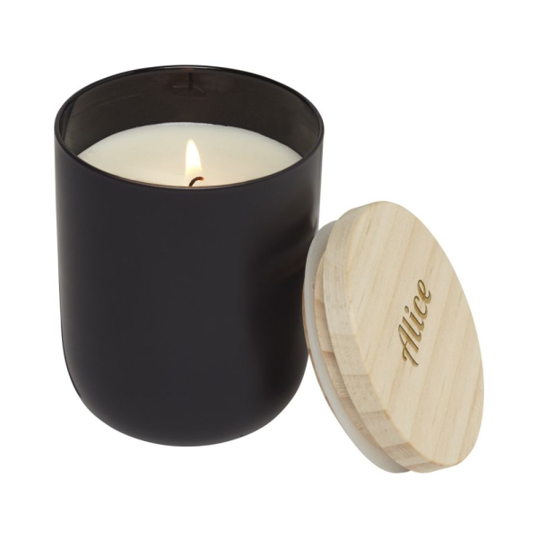 Bougie noire avec couvercle en bois personnalisé