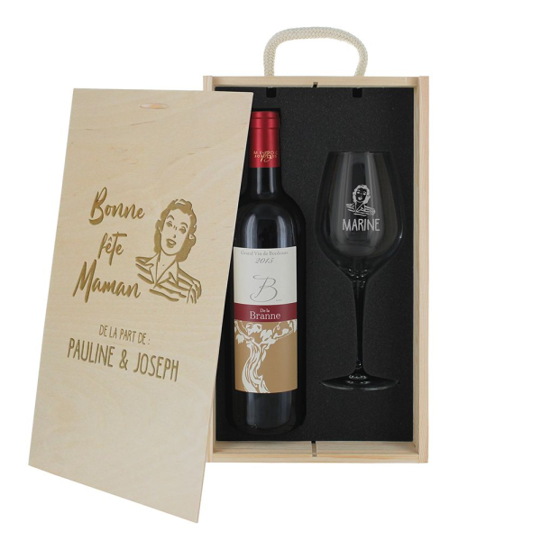 Coffret personnalisé verre gravé et vin pour les mamans