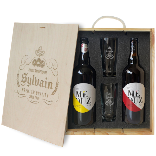 Coffret bière Label avec 2 bouteilles et 2 verres