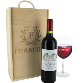 Coffret cadeau vin et verre gravés lauriers Coffret cadeau vin et verre gravés lauriers