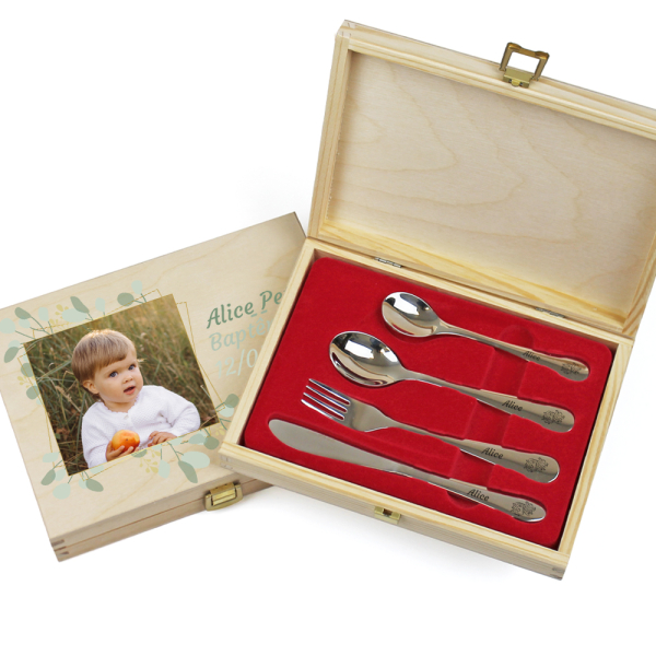 Coffret personnalisé d'une photo et couverts enfant gravés