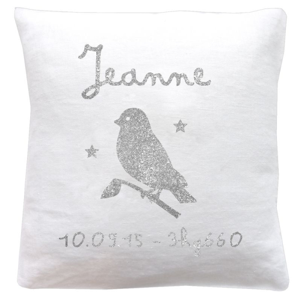 Coussin de naissance personnalisé blanc