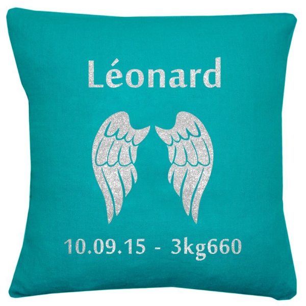 Coussin de naissance personnalisé bleu carnard