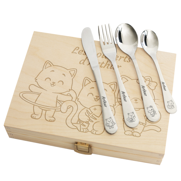 Coffret couverts enfant personnalisé chat