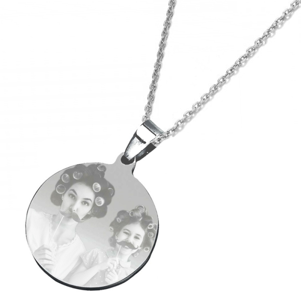 Pendentif photo rond gravé avec chaine