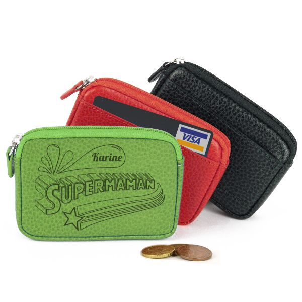 Porte-monnaie en cuir gravé Super Maman