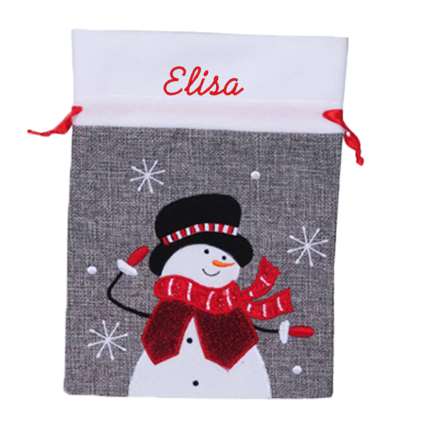 Pochette cadeau de Noël grise personnalisée bonhomme de neige