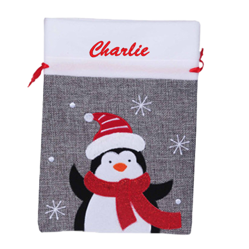 Pochette cadeau de Noël grise personnalisée pingouin