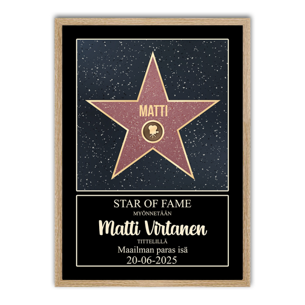 Henkilökohtainen Walk of Fame -todistus kehyksissä