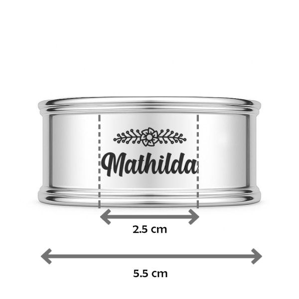 Hopeinen lautasliina rengas nimellä ja motiivilla