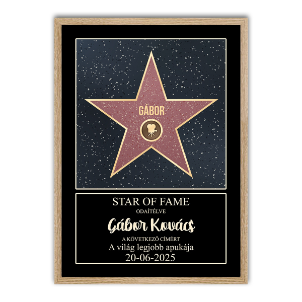 Személyre szabott Walk of Fame oklevél keretben