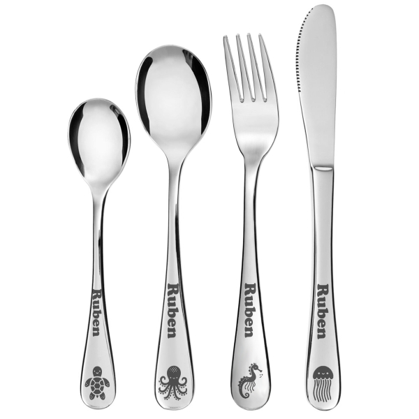 Children's cutlery in an ocean-printed box