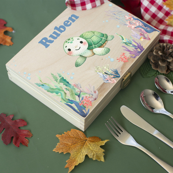 Children's cutlery in an ocean-printed box