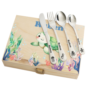 Children's cutlery in an ocean-printed box Children's cutlery in an ocean-printed box