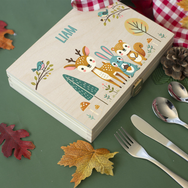 Children's cutlery set with printed wooden box enchanted forest