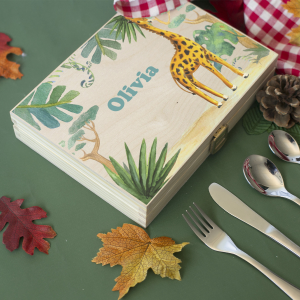 Children's silverware with printed wooden case savanna