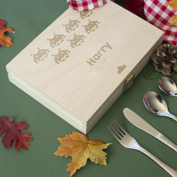 Personalised children's cutlery with wooden box invaders