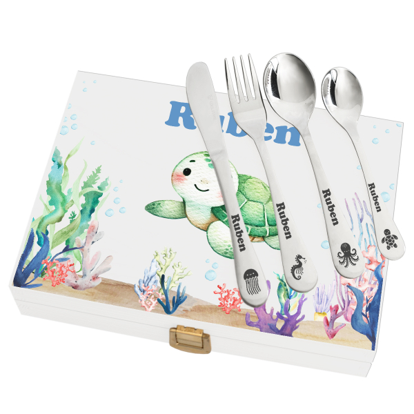 Children's cutlery in an ocean-printed box
