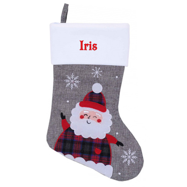 Embroidered grey Christmas stocking with linen effect