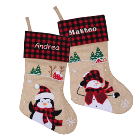 Personalised beige Christmas stocking with tartan pattern Personalised beige Christmas stocking with tartan pattern