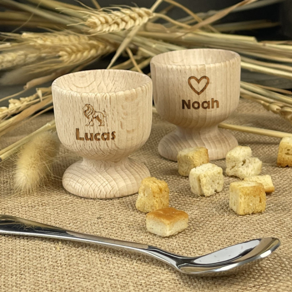 Personalised wooden egg cup with first name and pattern