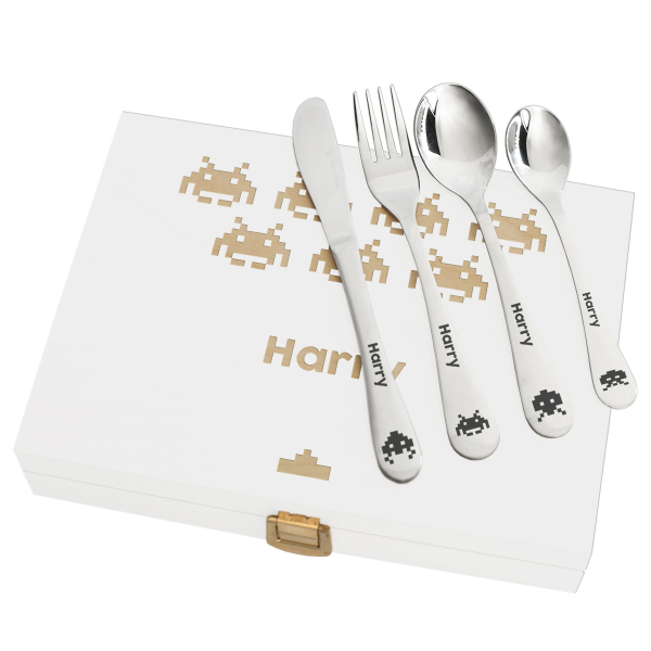 Personalised children's cutlery with wooden box invaders