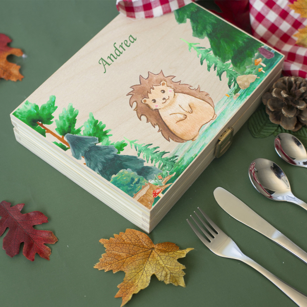 Personalised cutlery set with printed wooden box forest