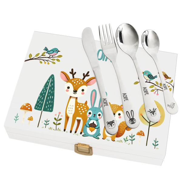 Children's cutlery set with printed wooden box enchanted forest