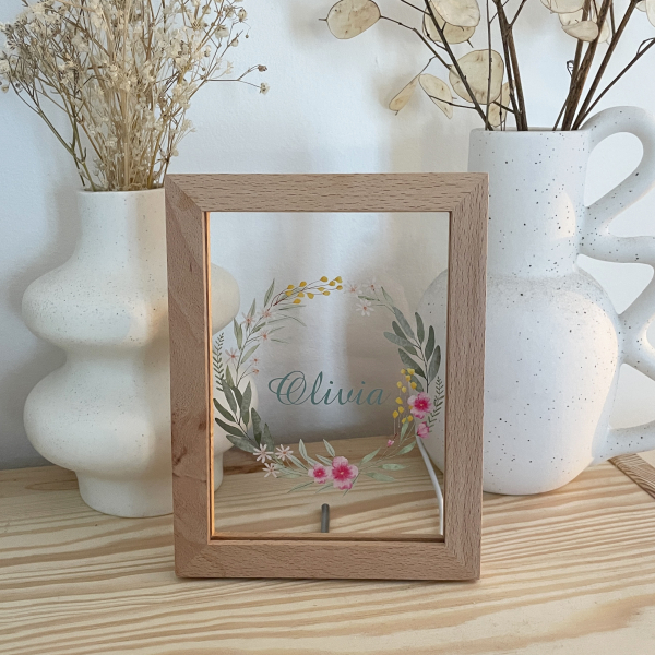 Personalised LED frame with flower wreath