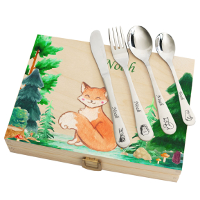 Personalised cutlery set with printed wooden box forest Personalised cutlery set with printed wooden box forest
