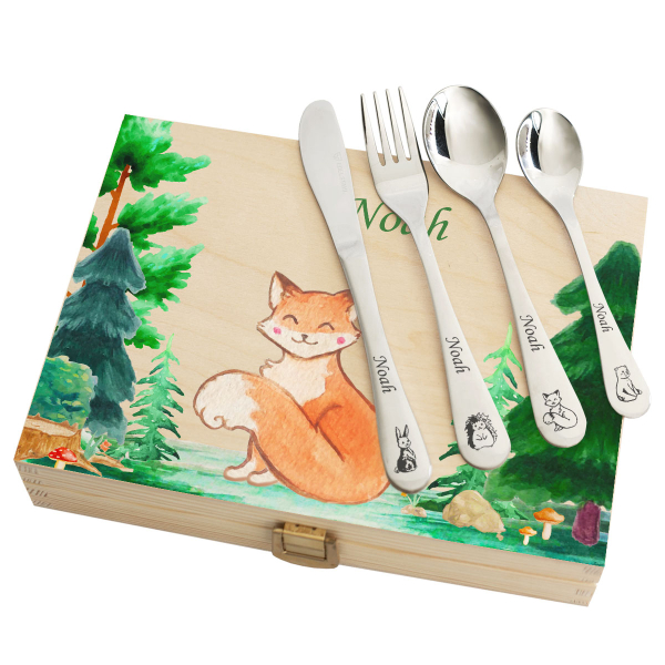 Personalised cutlery set with printed wooden box forest