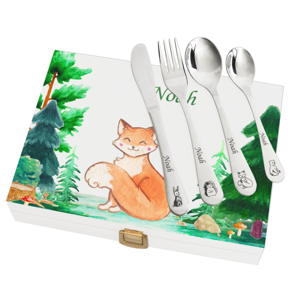 Personalised cutlery set with printed wooden box forest