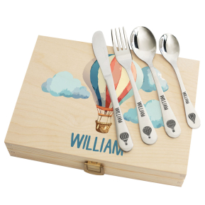 Engraved children's cutlery and balloon box Engraved children's cutlery and balloon box