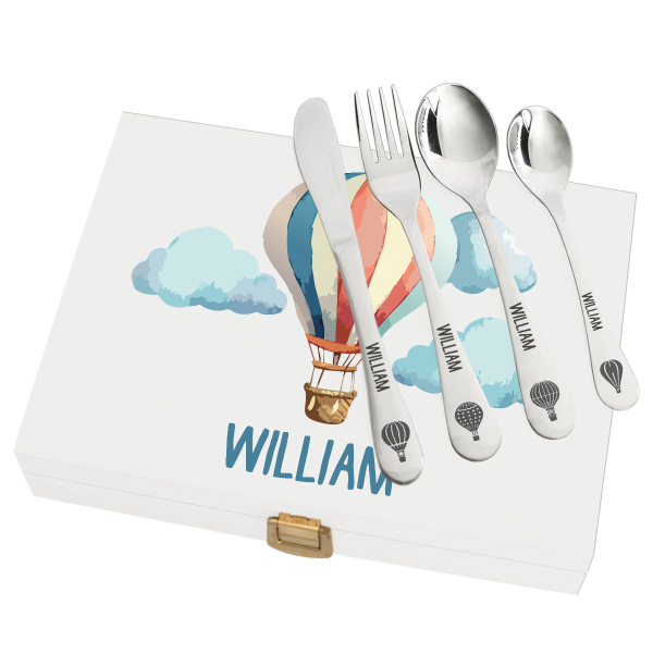 Engraved children's cutlery and balloon box