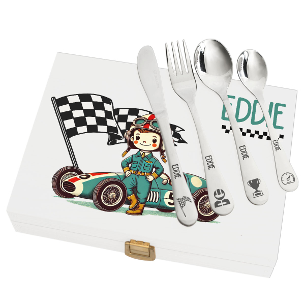 Cutlery in printed wooden box Formula 1 Driver