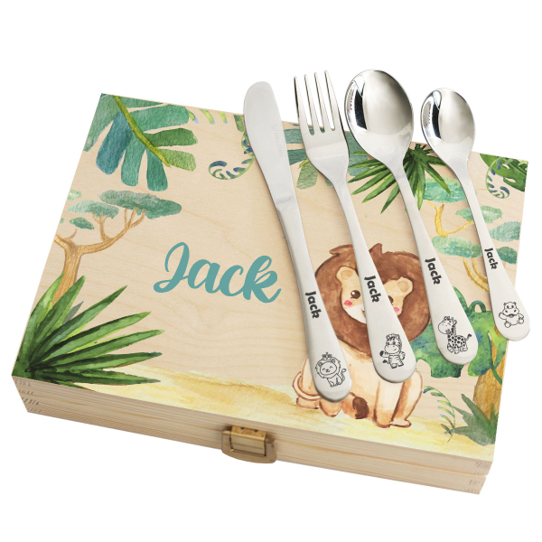 Children's silverware with printed wooden case savanna