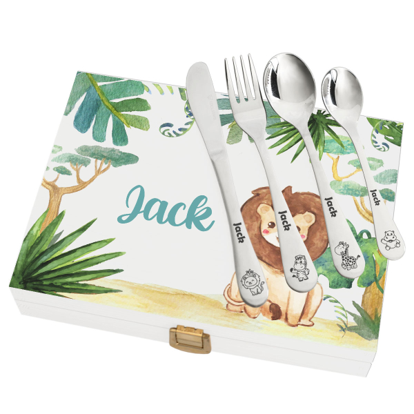Children's silverware with printed wooden case savanna