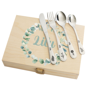 Box with a vegetal pattern and its personalised cutlery Box with a vegetal pattern and its personalised cutlery