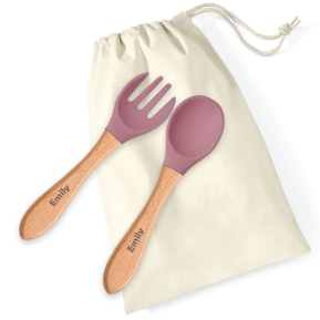 Wooden and silicone baby cutlery with name Wooden and silicone baby cutlery with name