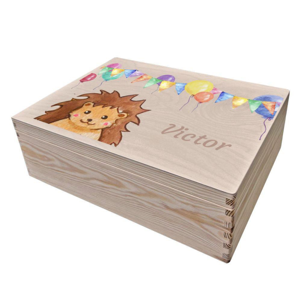 Wooden storage box with balloons and animals