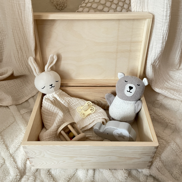 Wooden storage box with balloons and animals